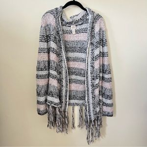 Chico's pink gray Striped Chunky Open Knit Fringe Cardigan size 2 Large